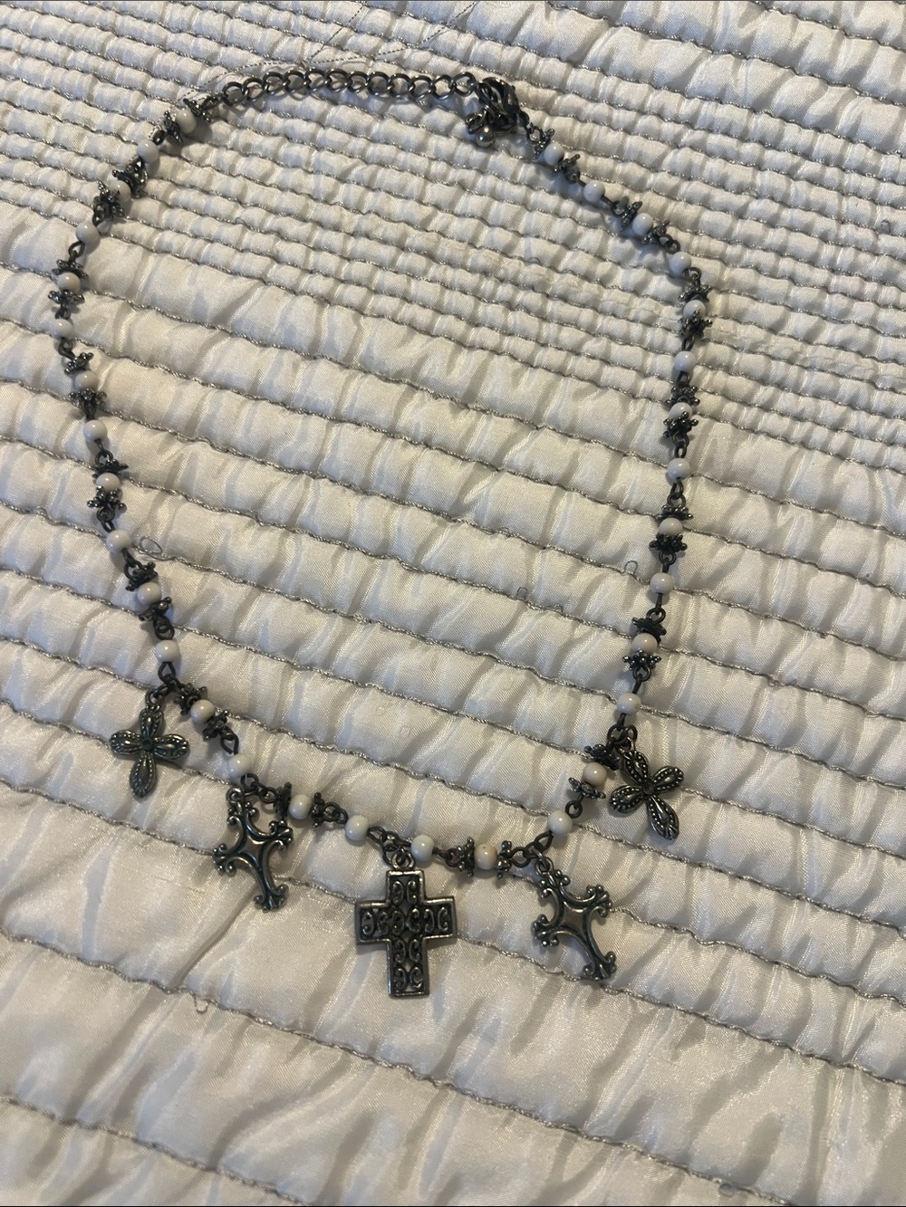 Free People Silver-Tone Cross & Floral Charm Beaded Necklace with White Beads
